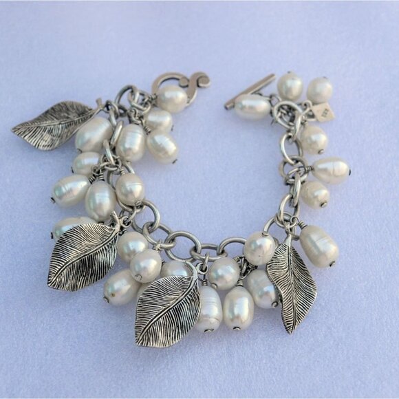 Silpada Cha Cha Sterling Silver Dangle Bracelet with Leaf Charms and Pearls - Picture 5 of 6